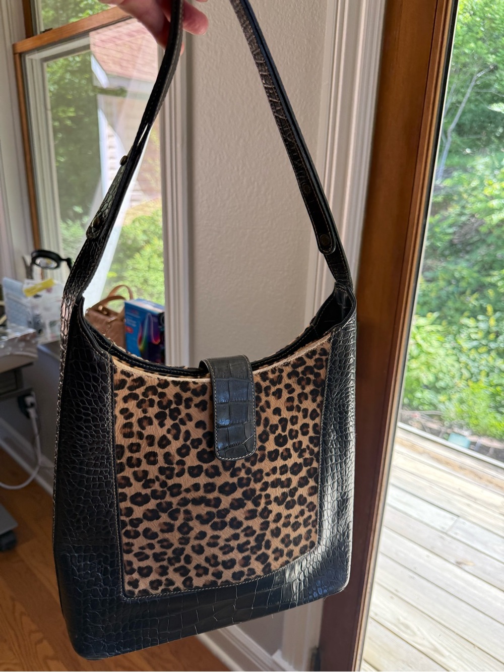 Brahmin Shoulder Bag Leopard Haircalf Black‎ Croc Embossed Leather Y2K